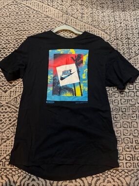 Nike Black Tee with Multicolor Tropical Back Graphic